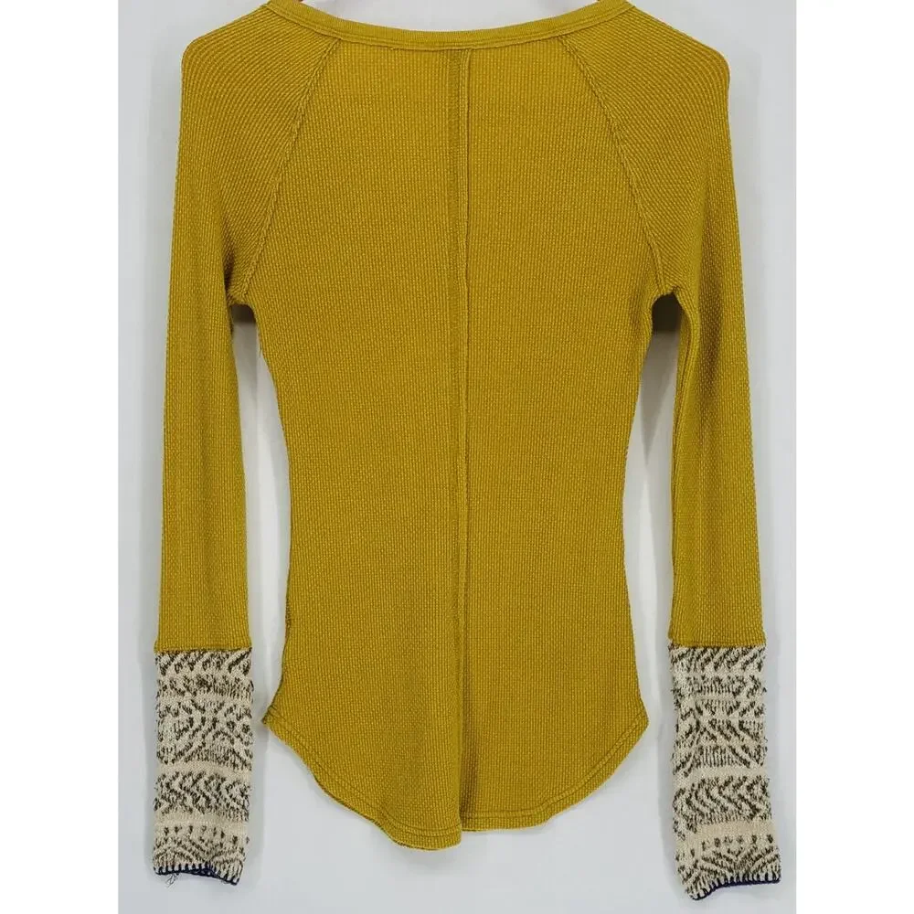 Free People S Mustard Yellow Waffle Thermal Henley Fair Isle Cuff Top